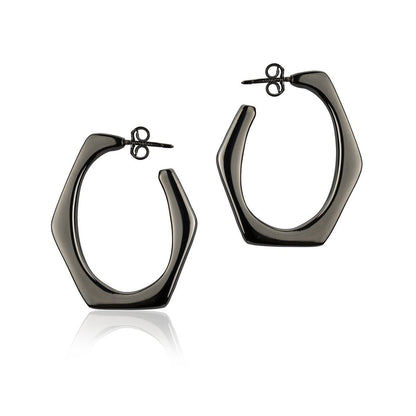 Orecchini esagonali in argento rutenio larghezza 30 mm