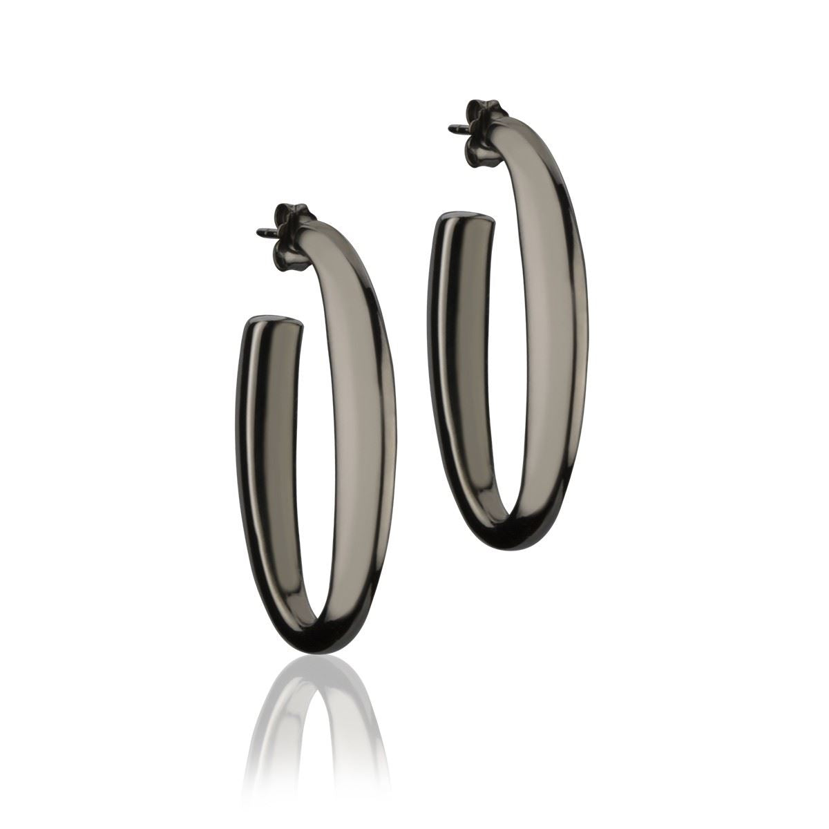 Oval earrings in ruthenium silver, triangular section, length 40mm