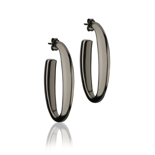 Oval earrings in ruthenium silver, triangular section, length 40mm