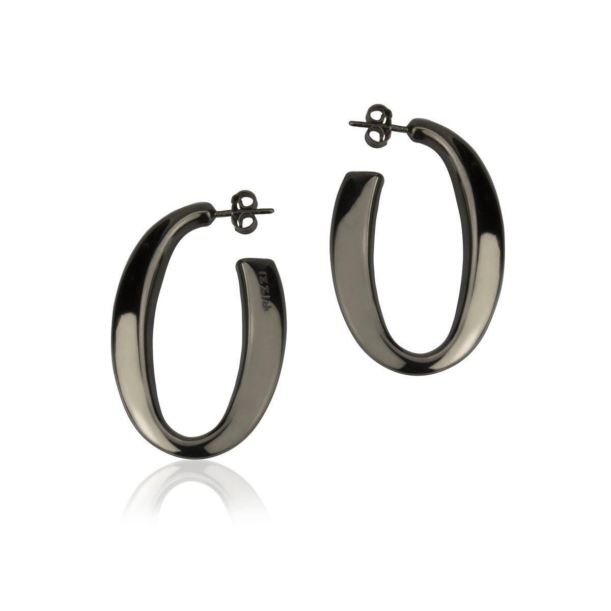 Oval earrings in ruthenium silver, triangular section, length 40mm