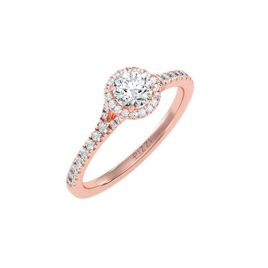Anello Solitario Halo in Oro Rosa 18k con diamanti da 0.74 carati