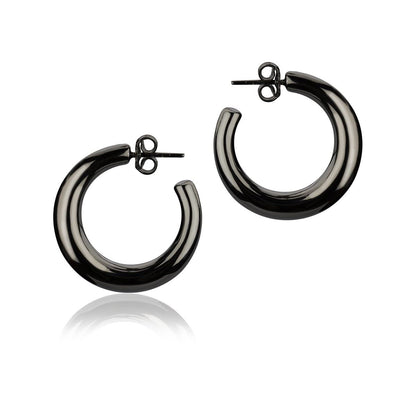 Orecchini a cerchio in argento rutenio sezione rotonda diametro 25mm