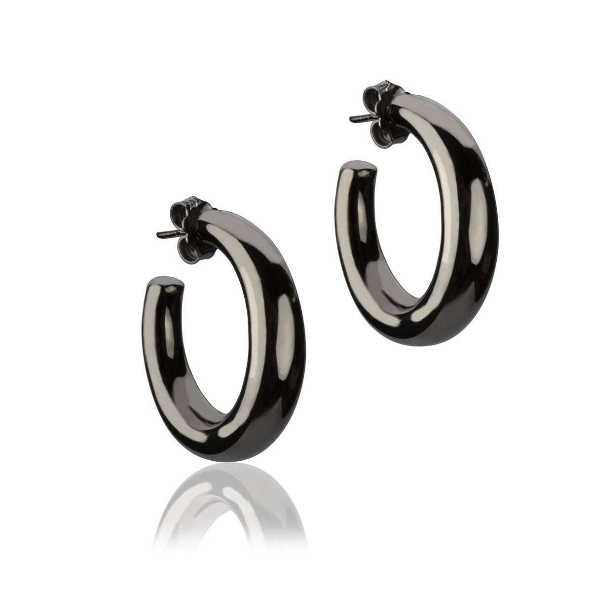Orecchini a cerchio in argento rutenio sezione rotonda diametro 25mm