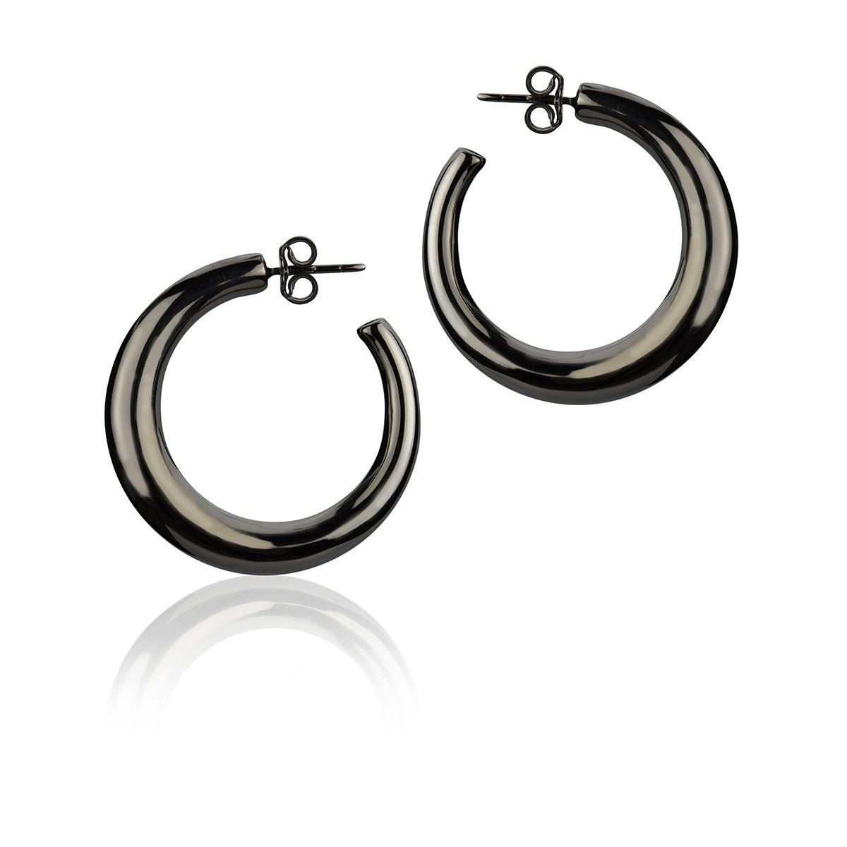 Orecchini a cerchio in argento rutenio sezione rotonda diametro 30mm