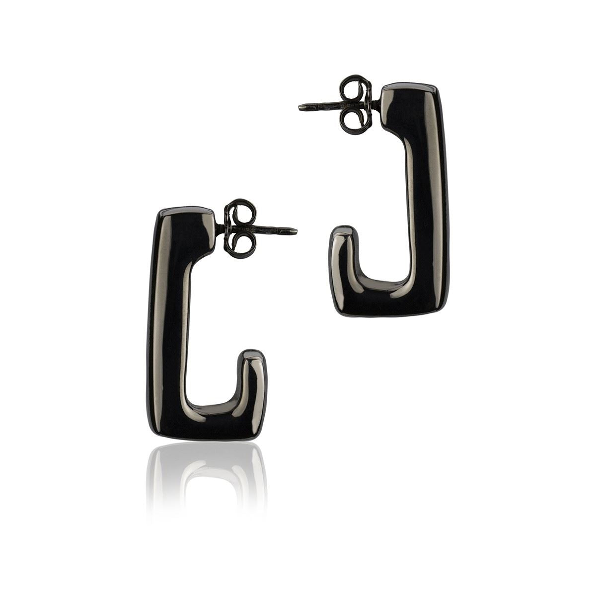 Rectangular earrings in ruthenium silver, length 25mm