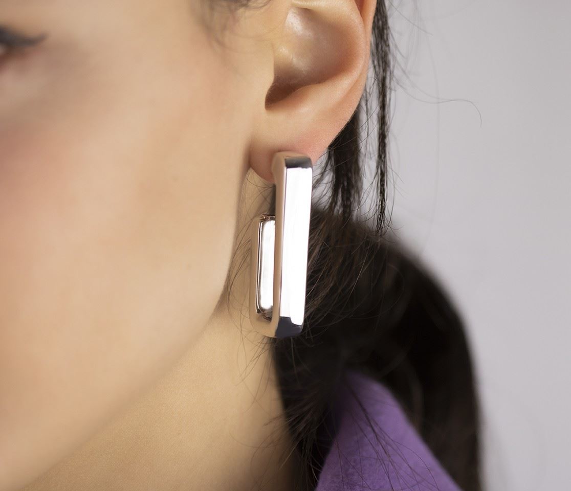 Rectangular silver earrings, length 45mm