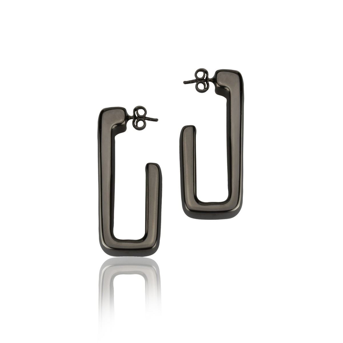 Rectangular earrings in ruthenium silver, length 45mm