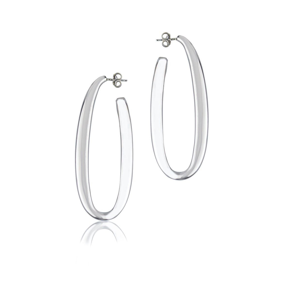 Oval silver earrings, square section, length 65mm