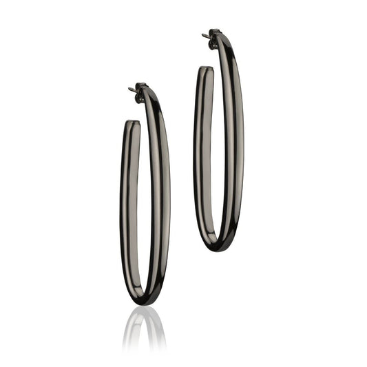 Oval earrings in ruthenium silver, square section, length 65mm