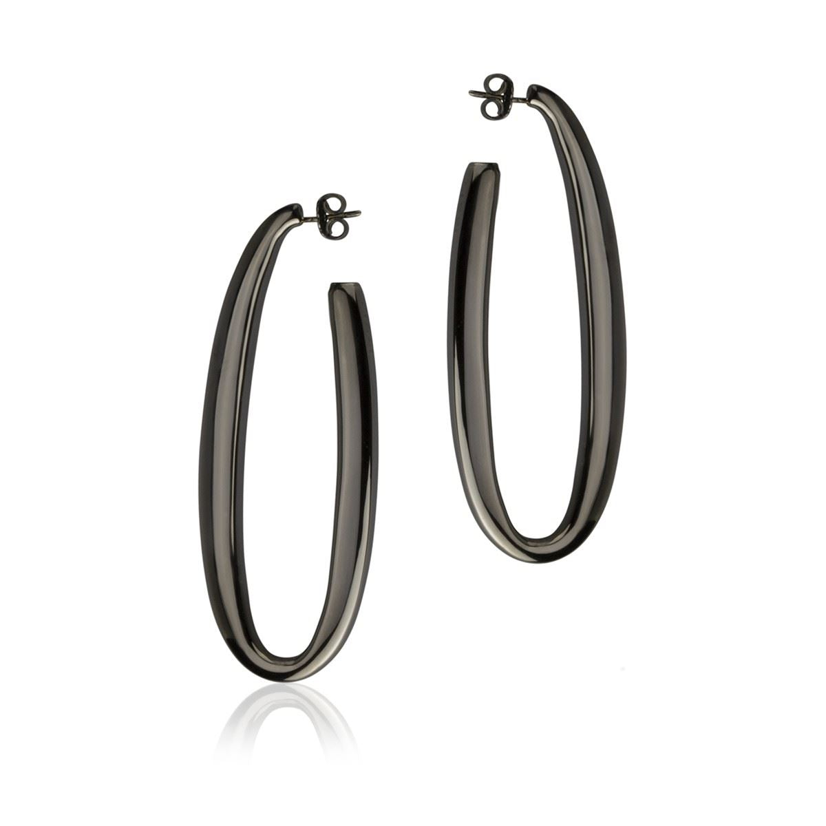 Oval earrings in ruthenium silver, square section, length 65mm