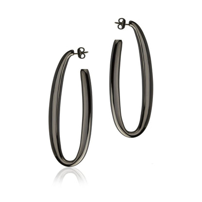 Orecchini ovali in argento rutenio sezione quadrata lunghezza 65mm
