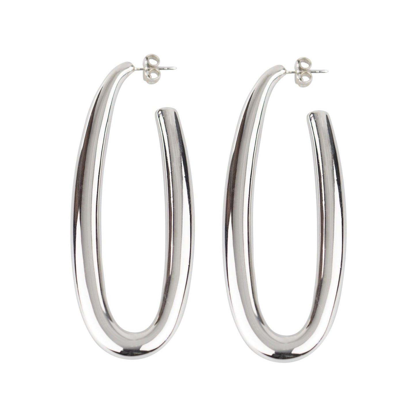 Oval silver earrings, round section, length 70mm