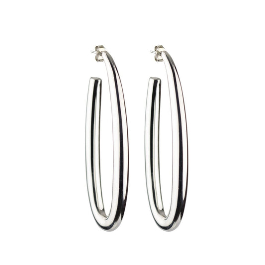 Oval silver earrings, round section, length 70mm
