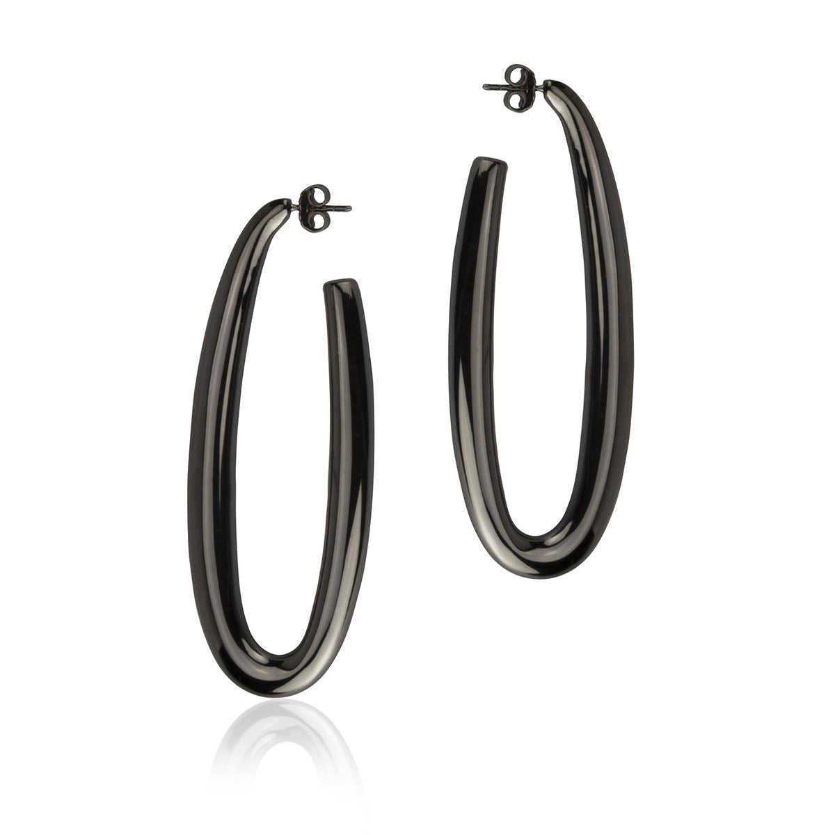 Oval earrings in ruthenium silver, round section, length 70mm