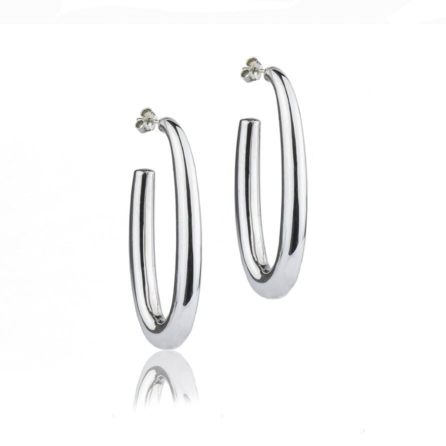 Oval silver earrings, round section, length 50mm