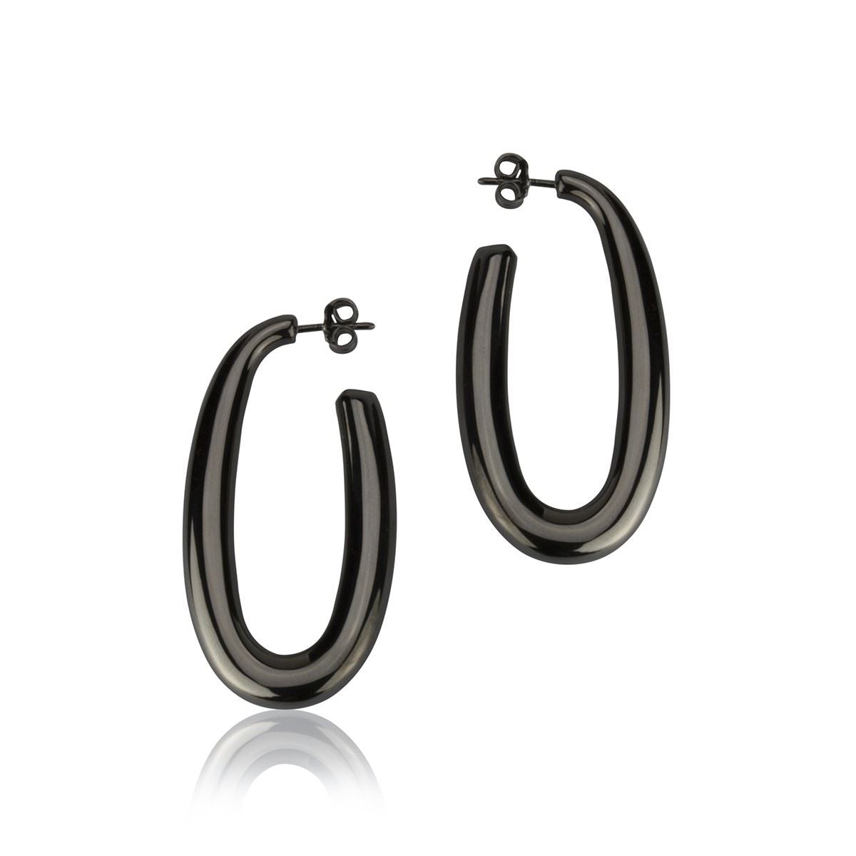 Oval earrings in ruthenium silver, round section, length 50mm