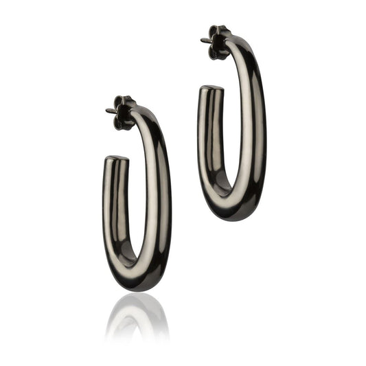 Oval earrings in ruthenium silver, round section, length 30mm